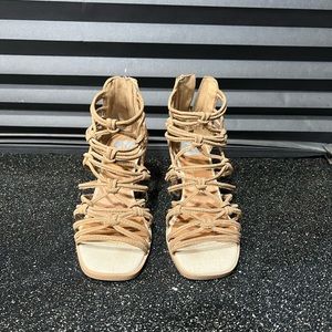 Tan chunky heel strappy sandals